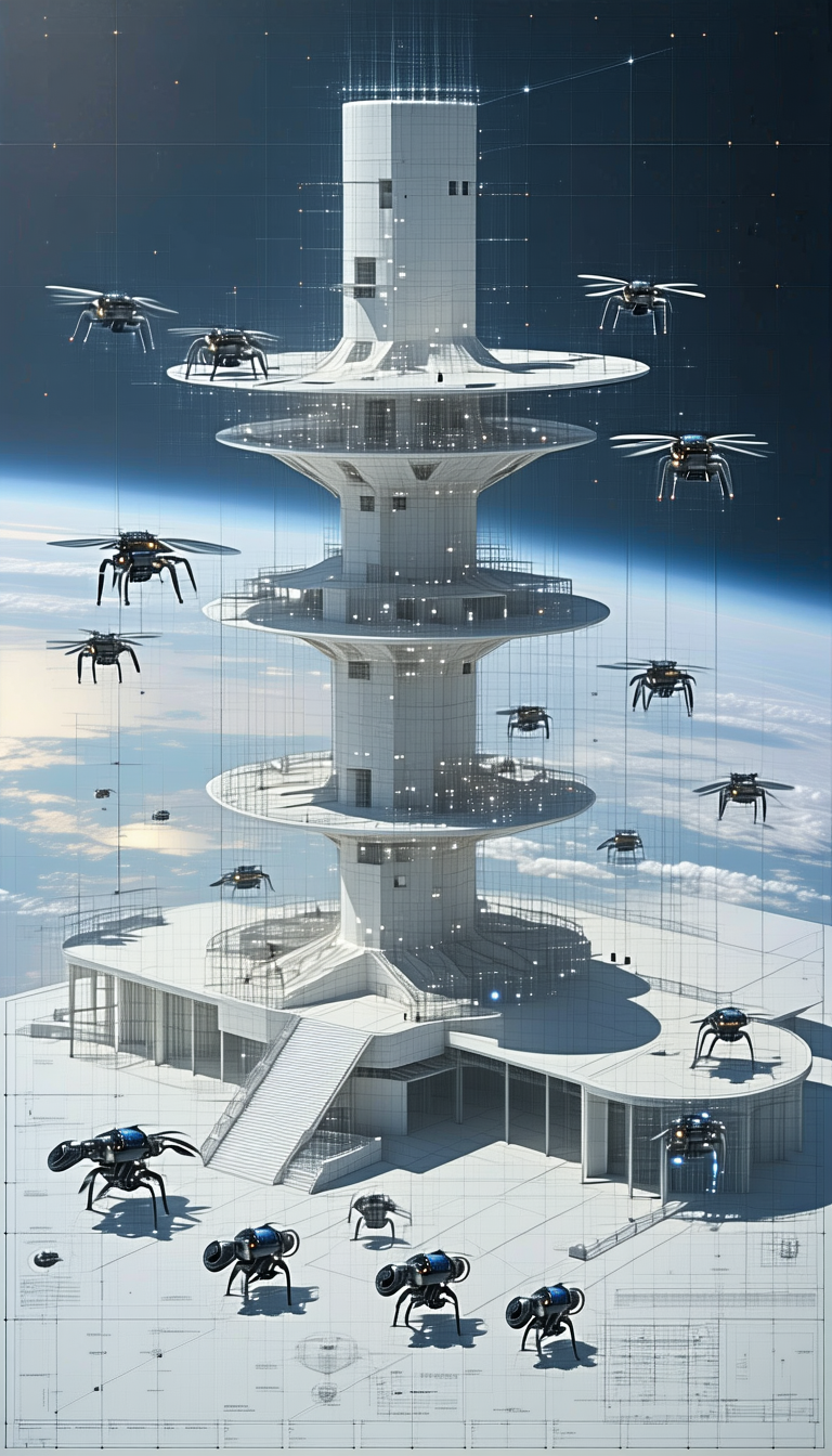 A Large White Tower With A Spiral Staircase Is Surrounded By A Multitude Of Small Black Drones