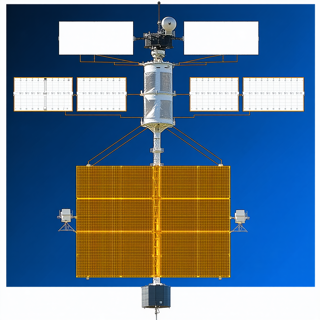 A Large Satellite Is Mounted On A Yellow Structure, Which Is Connected To A Blue Sky