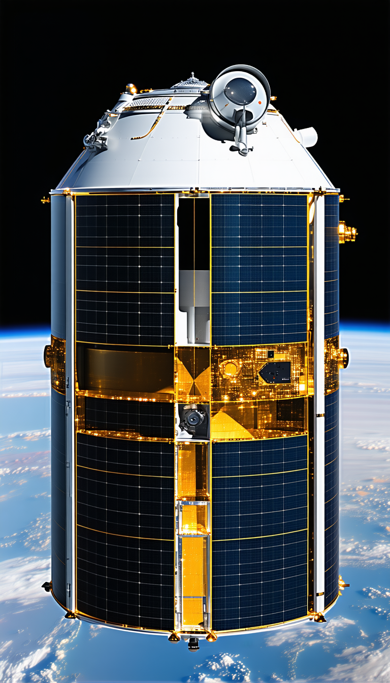 A Large Satellite With A Gold And Black Color Scheme