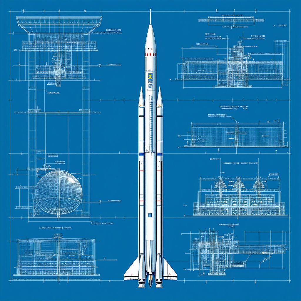 A Space Shuttle Is Shown In A Blue Drawing, With A Large Rocket On The Bottom