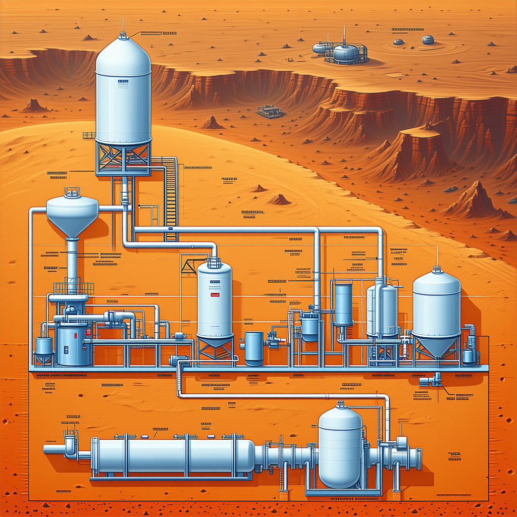 The Image Is A Detailed Drawing Of A Factory Or Industrial Plant, Likely Located On A Distant Planet
