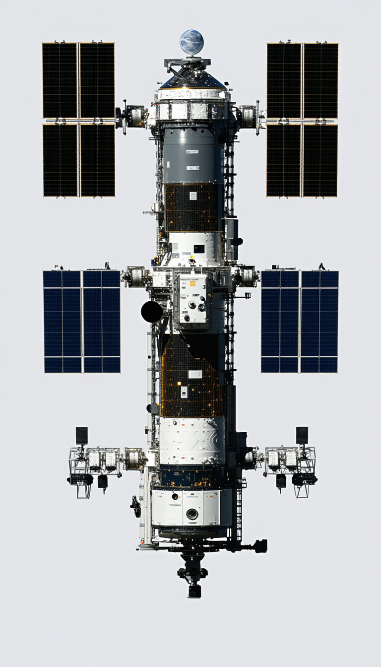 A Large Spacecraft Is Shown In A White Background, With A Blue And Black Color Scheme