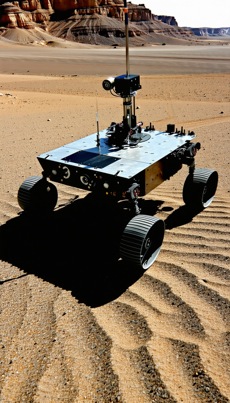 A Robotic Vehicle, Possibly A Rover, Sitting On A Sandy Surface
