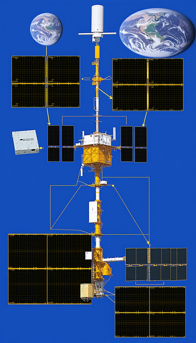 A Space Station Is Shown In A Blue Background With A Yellow And Black Color Scheme