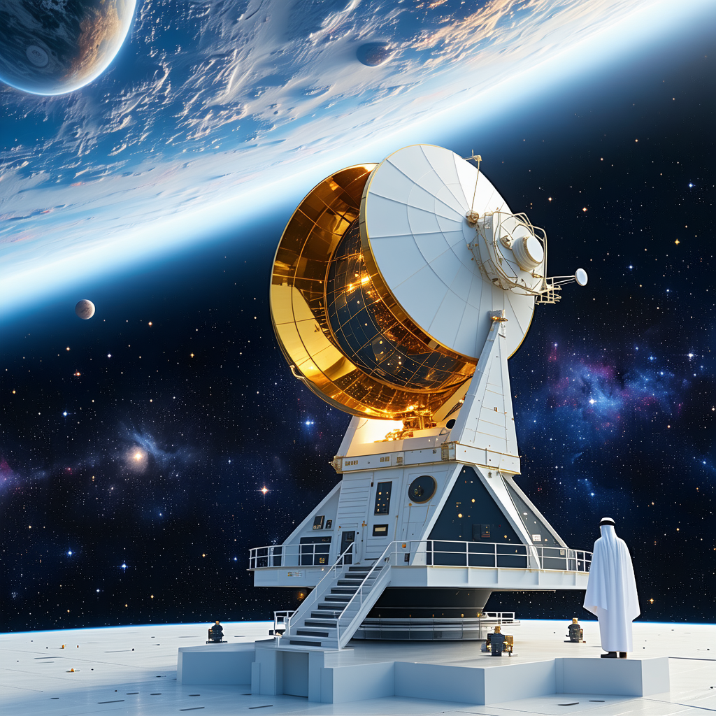 A Large White Satellite Dish Is Sitting On A White Platform In The Middle Of A Black Sky