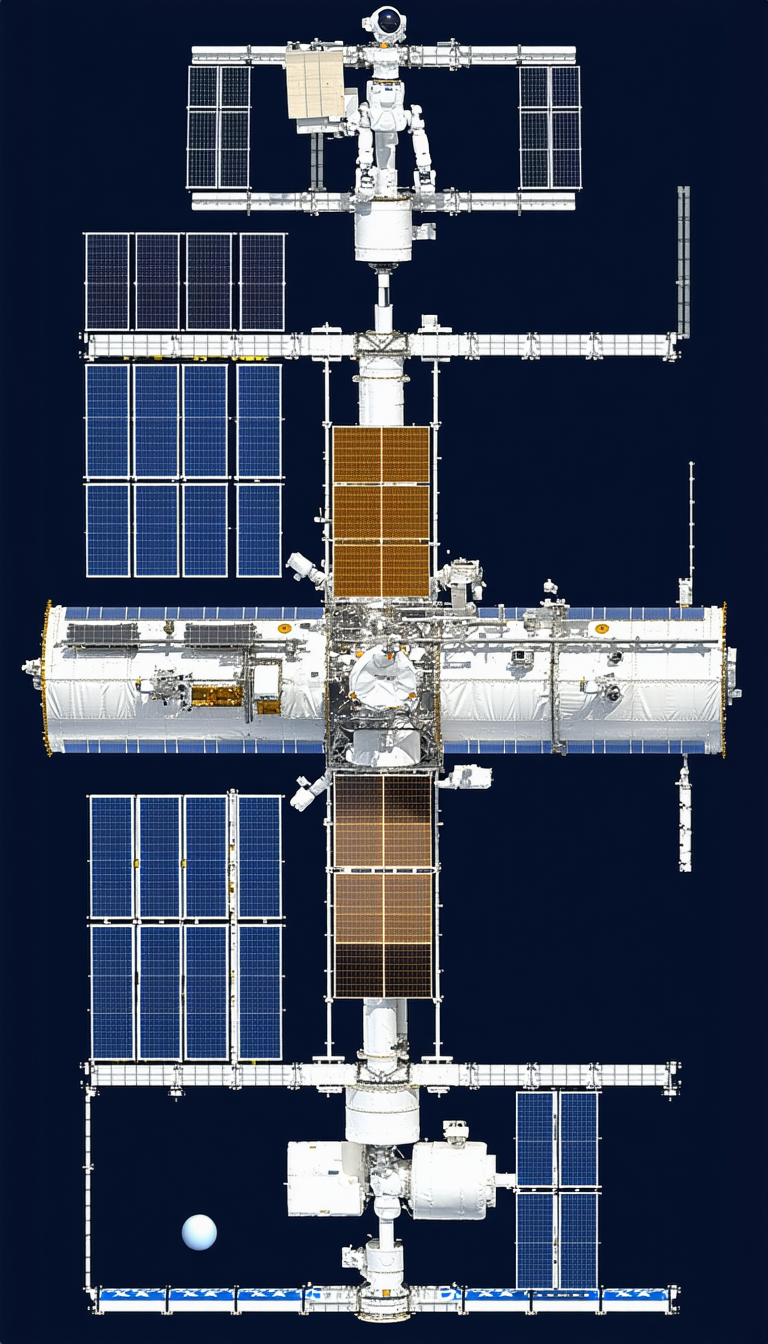 A Large Space Station With A Variety Of Solar Panels On Its Exterior