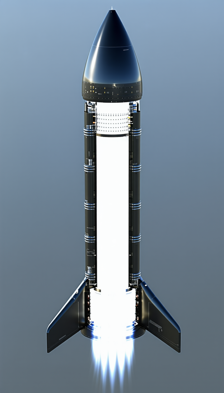 A Large Rocket Is Shown In A Blue Background
