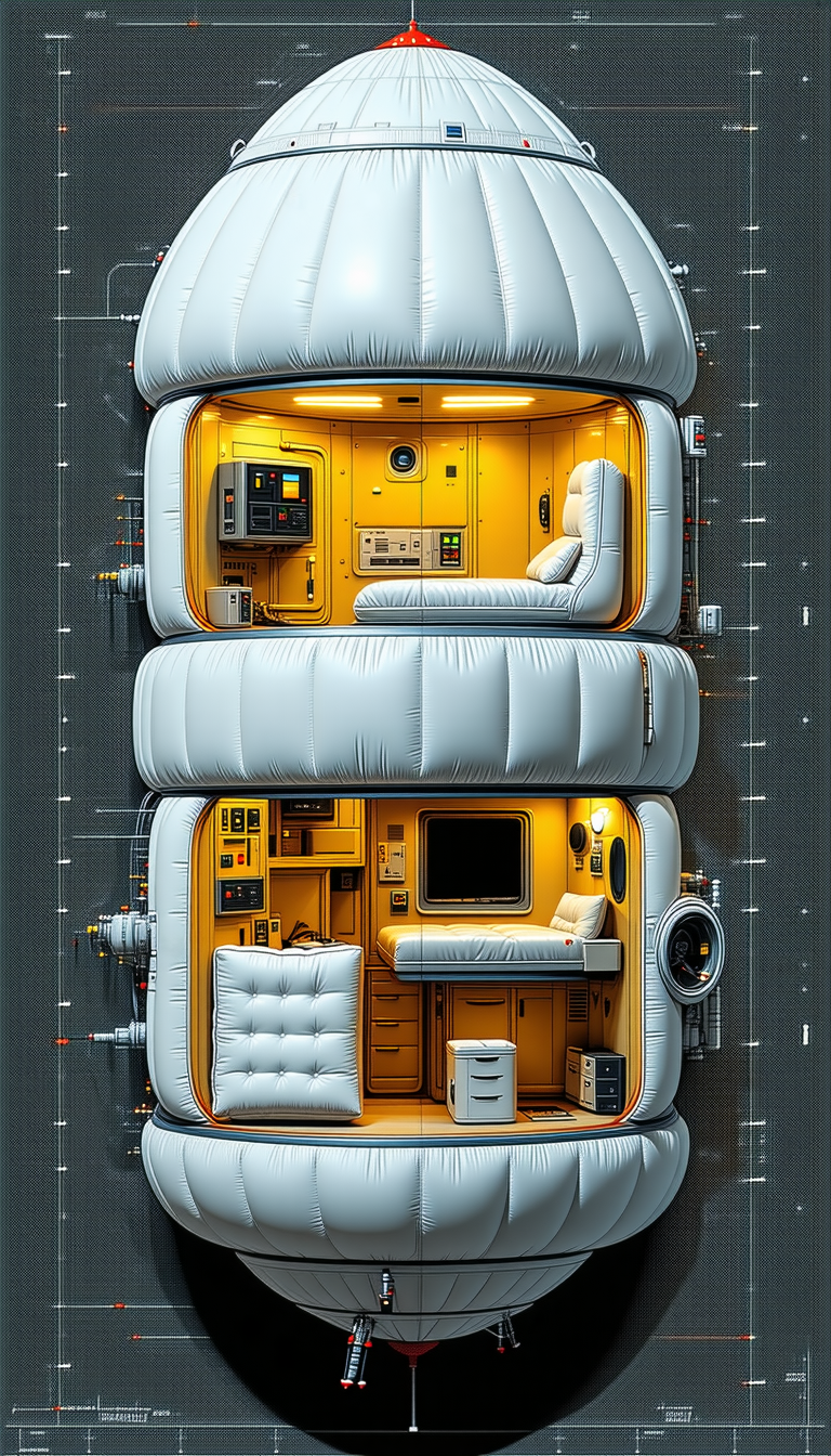 The Image Is A Futuristic, Space-themed Illustration Of A Room With A Bed, A Chair, And A Television