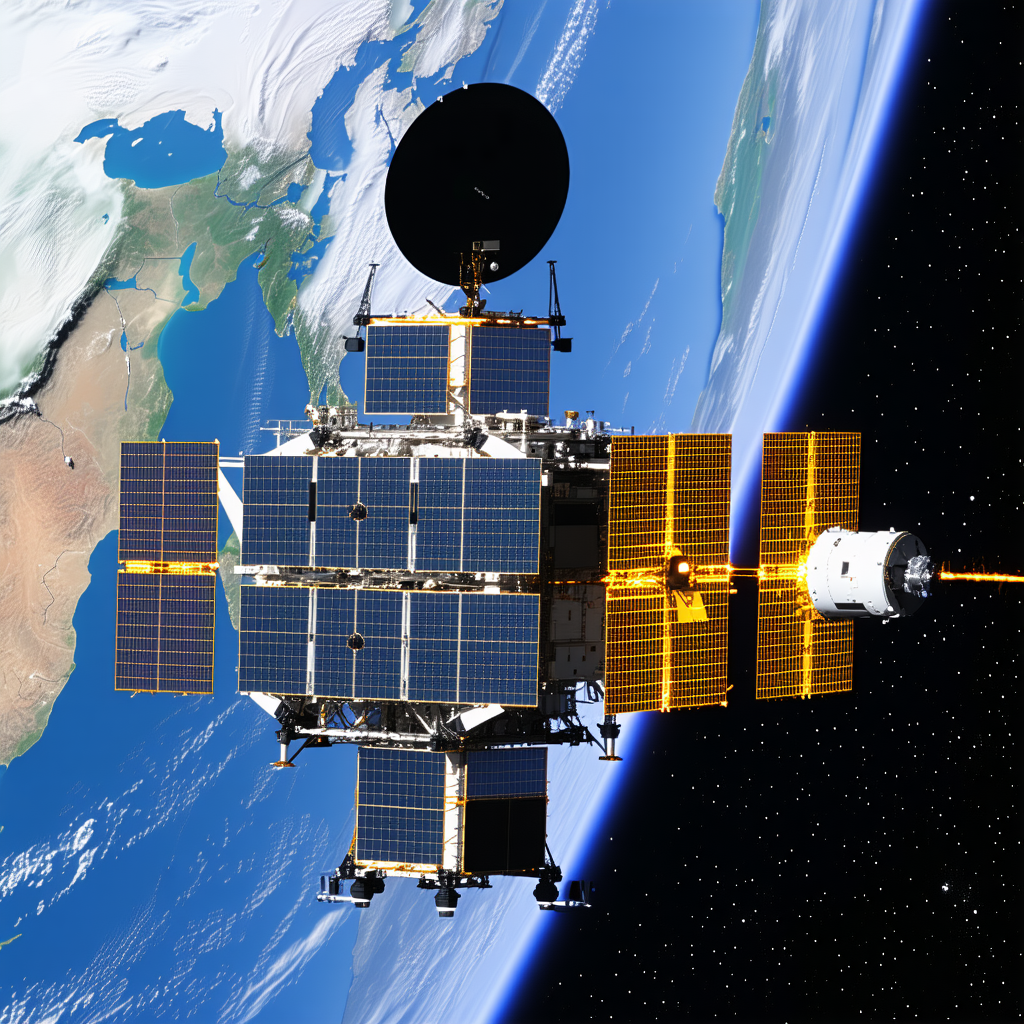 A Spacecraft Is Flying Through The Air, With A Large Satellite Dish On The Bottom Of The Spacecraft