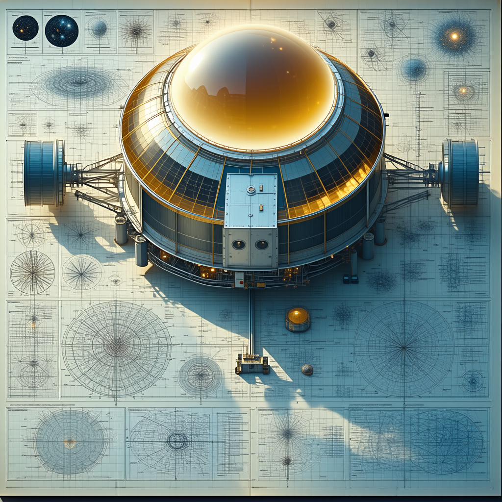 A Large, Round, And Shiny Structure Is Depicted In A Blue And White Drawing