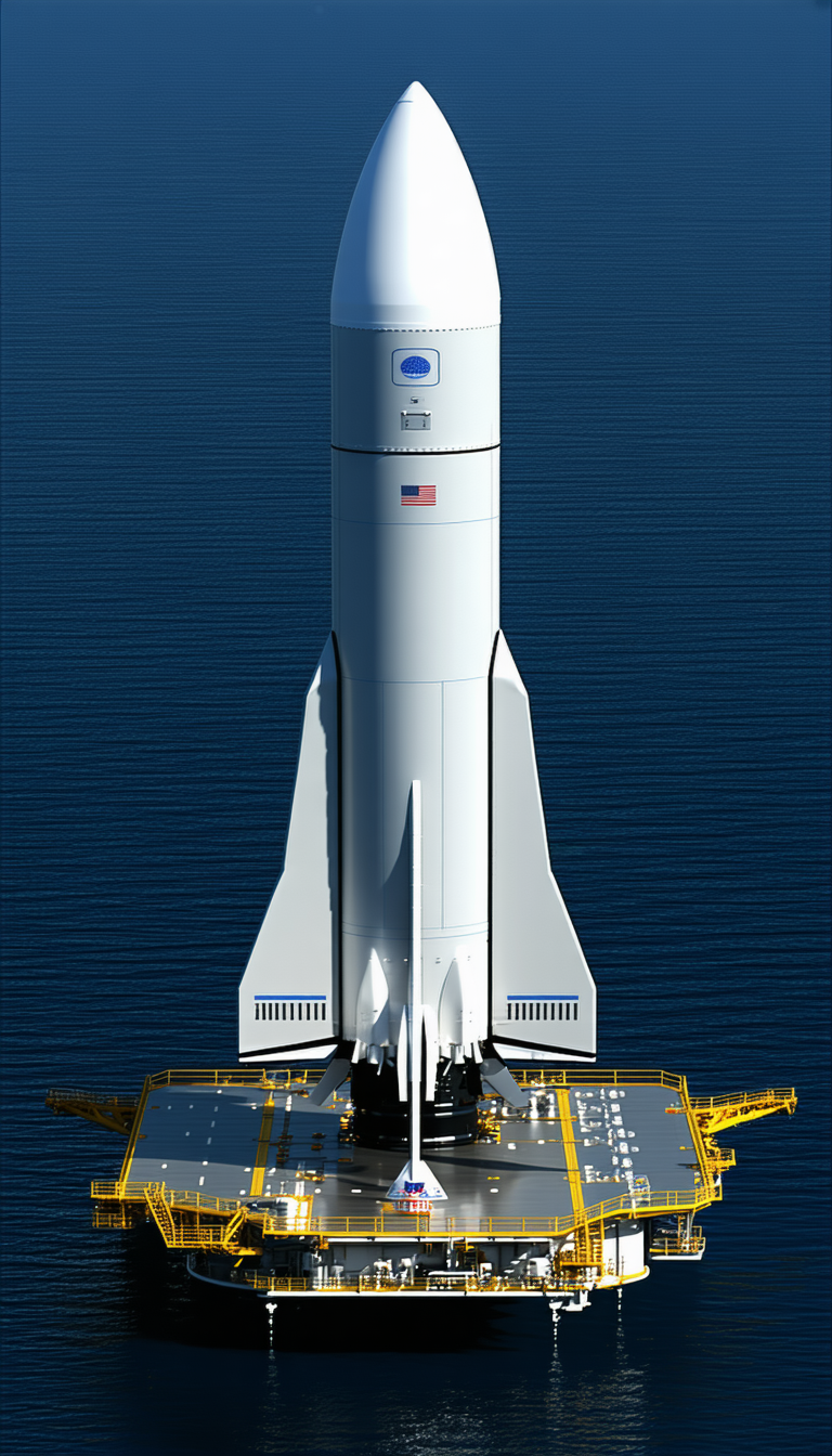 A Large White Rocket Ship Is Floating On Top Of A Yellow Platform In The Ocean