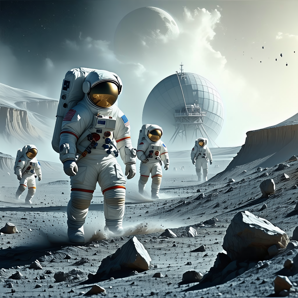 In The Image, There Is A Group Of Six Astronauts Walking On A Rocky Surface, Possibly On The Moon