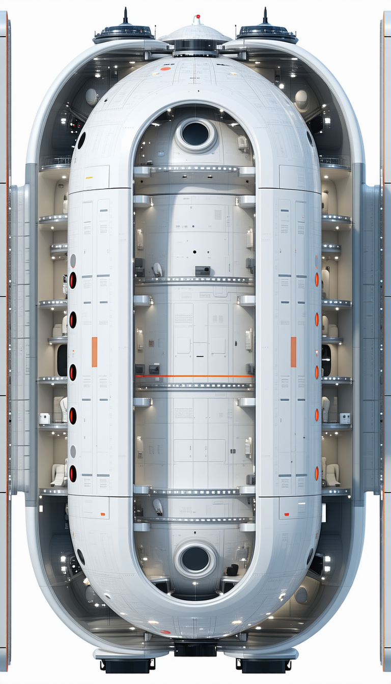 The Image Is A 3d Model Of A Large White Spacecraft, Likely A Space Station Or A Space Shuttle