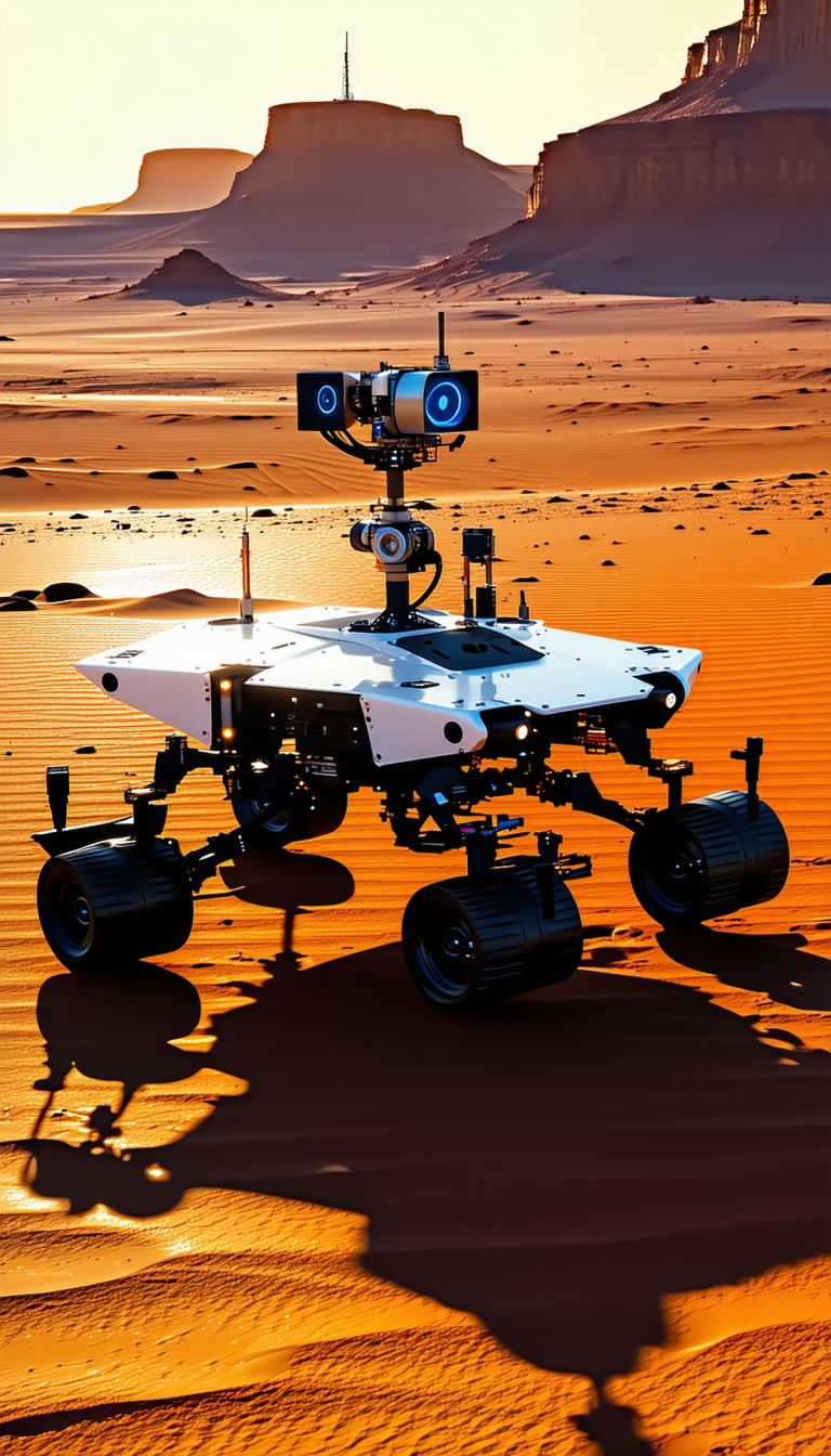 A White Robotic Vehicle, Possibly A Rover, Sitting On A Sandy Surface