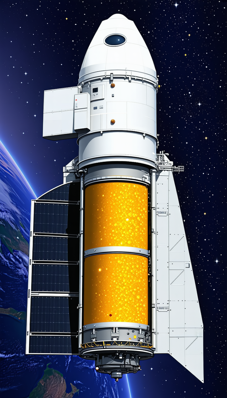 A Large Spacecraft With A Bright Yellow And Orange Color Scheme