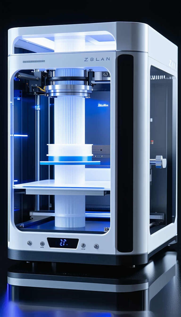 A 3d Printer Is Shown In A Close-up View, With A Blue And White Plastic Object Being Printed