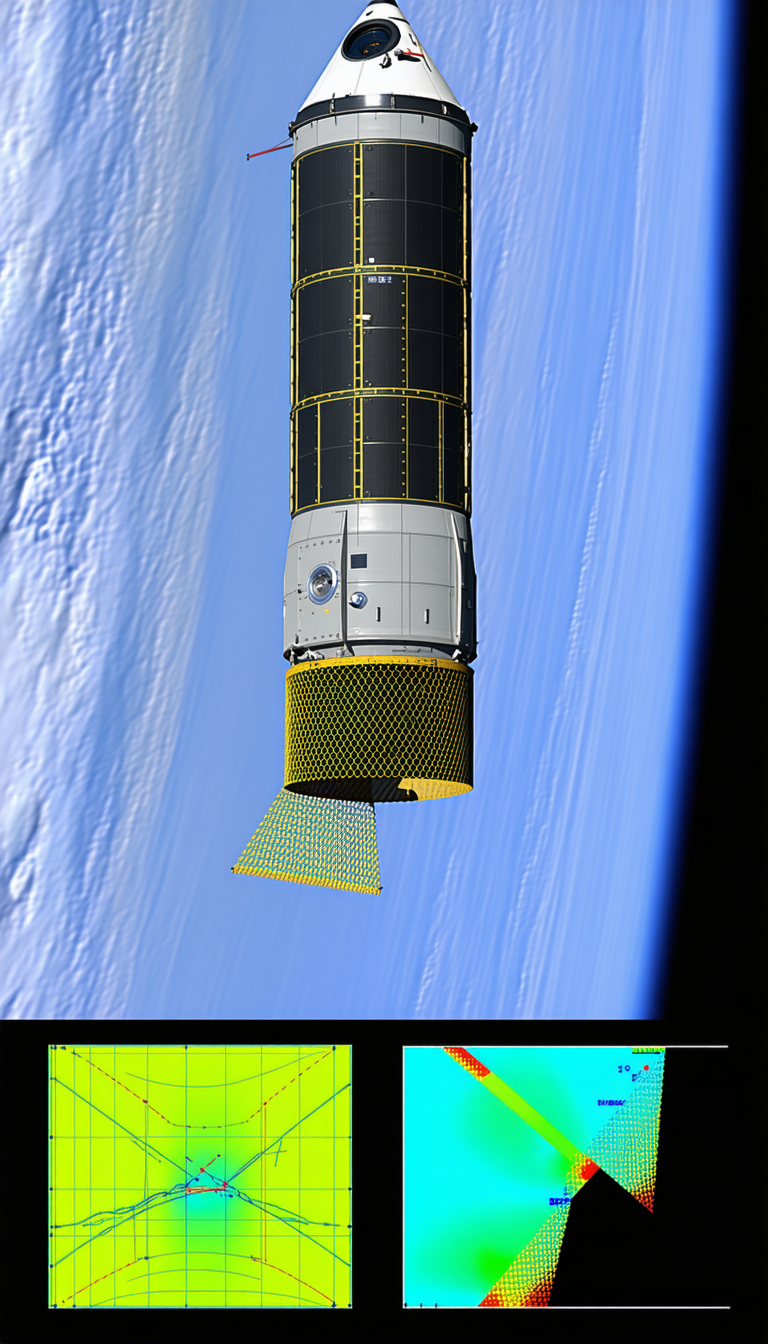 A Space Shuttle Is Flying Through The Sky, With A Blue Background And A Yellow And Black Spacecraft