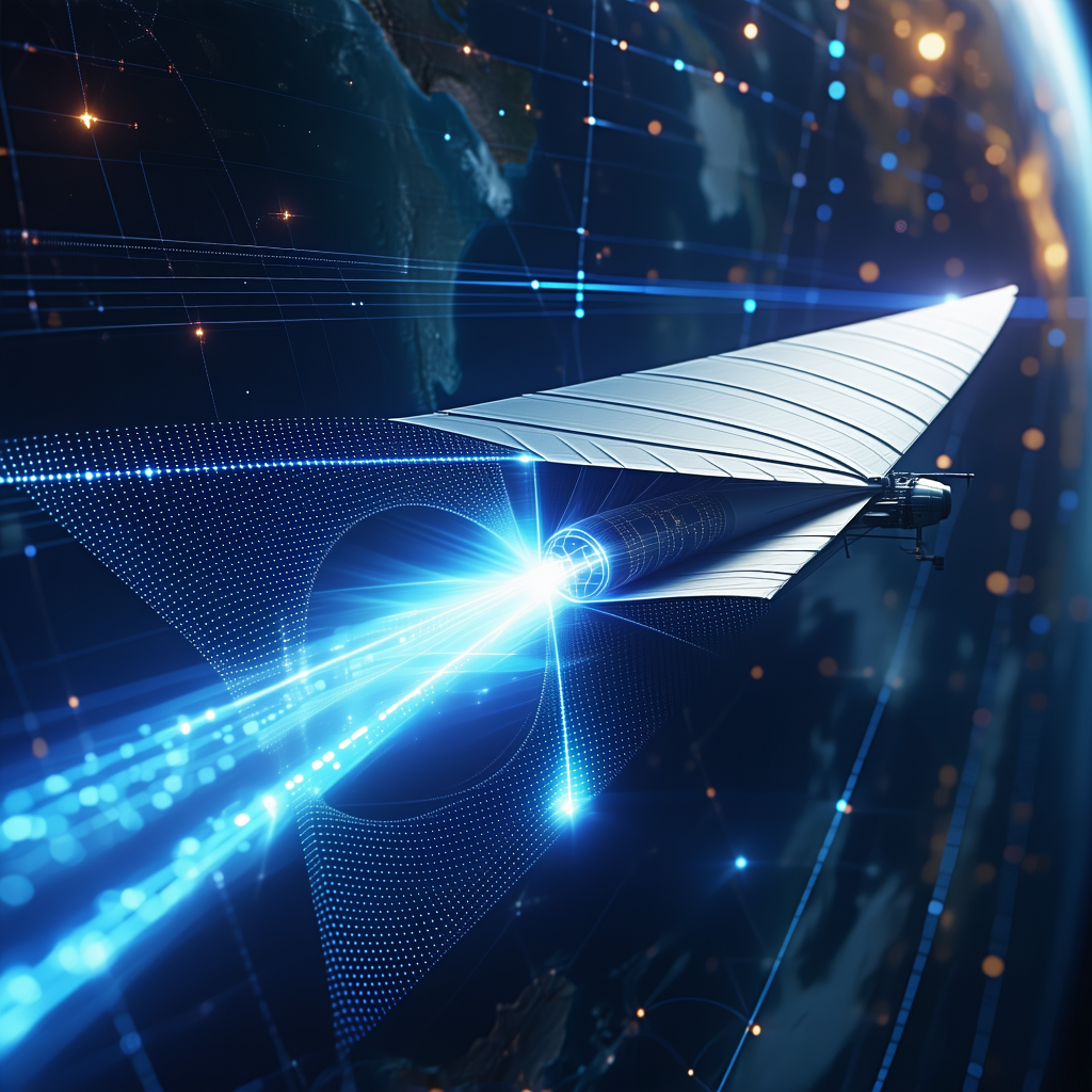 A Blue And White Spaceship Is Shown Flying Through The Air, With A Blue Beam Of Light Coming From It