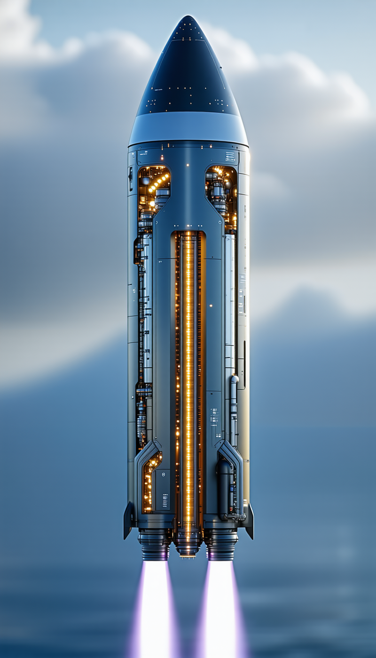 A Futuristic Spacecraft Is Shown In A Blue Sky, With Its Lights On