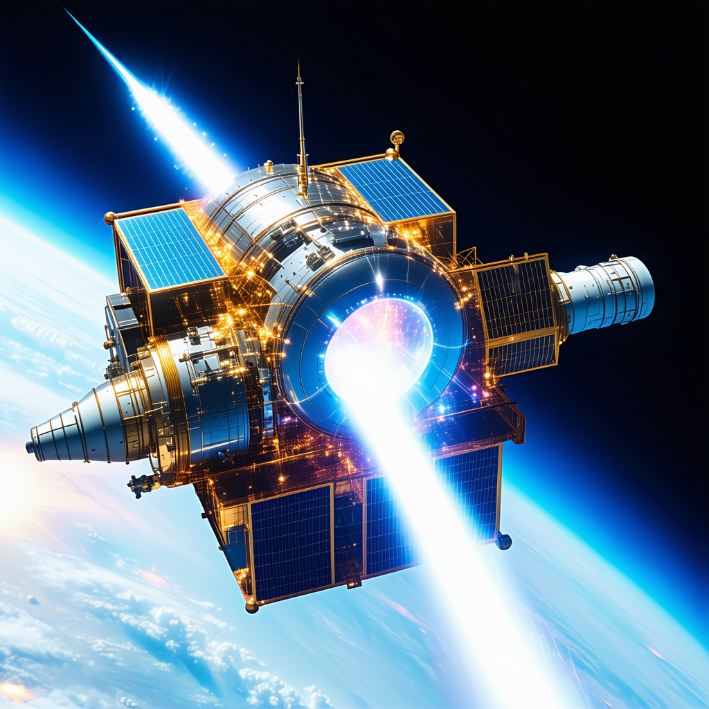 A Space Shuttle Is Flying Through The Sky, With A Bright Light Shining From Its Underside