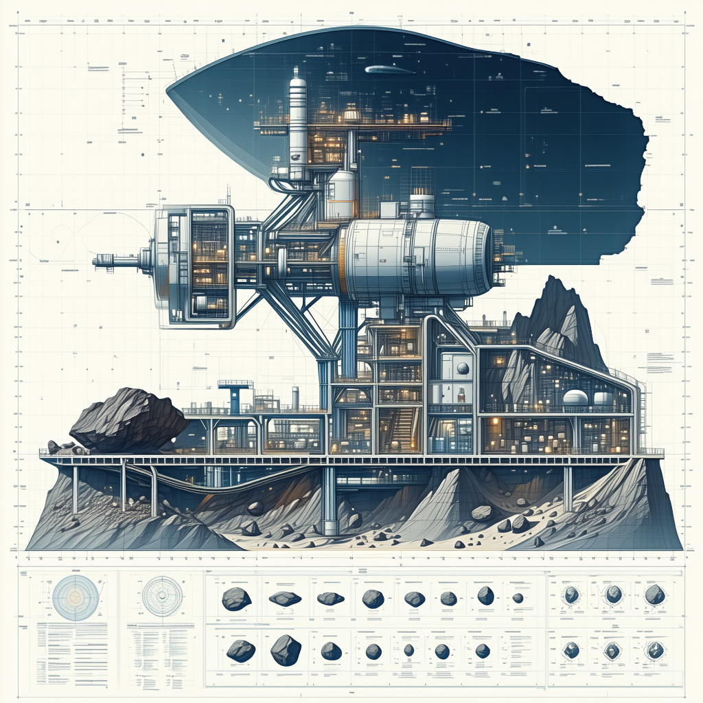 A Large, Futuristic Space Station Is Depicted In A Blue And White Drawing