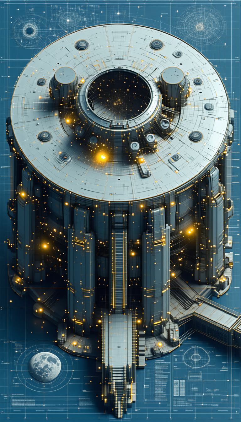 A Futuristic Building With A Large Circular Structure At The Top Is Depicted In This Image