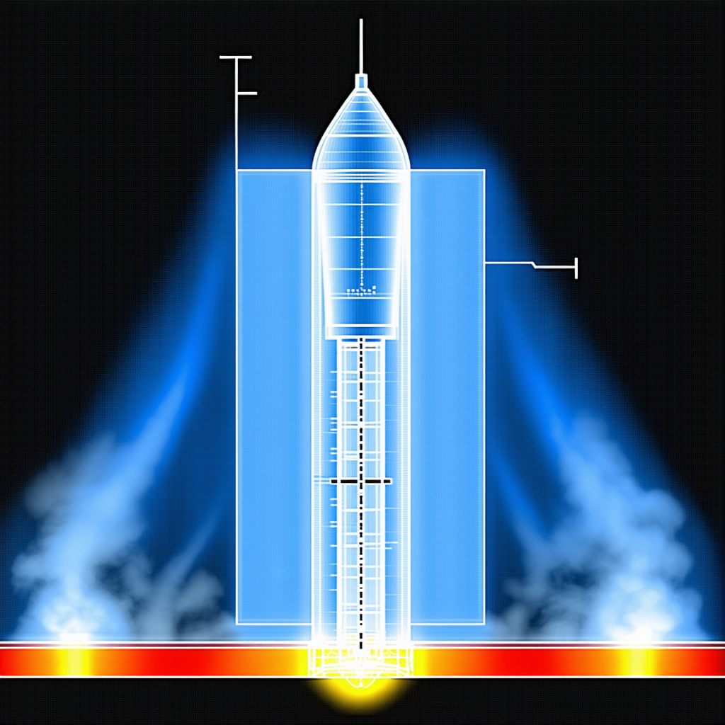 A Rocket Ship Is Shown In A Blue And Red Light, With The Rocket Being The Main Focus Of The Image