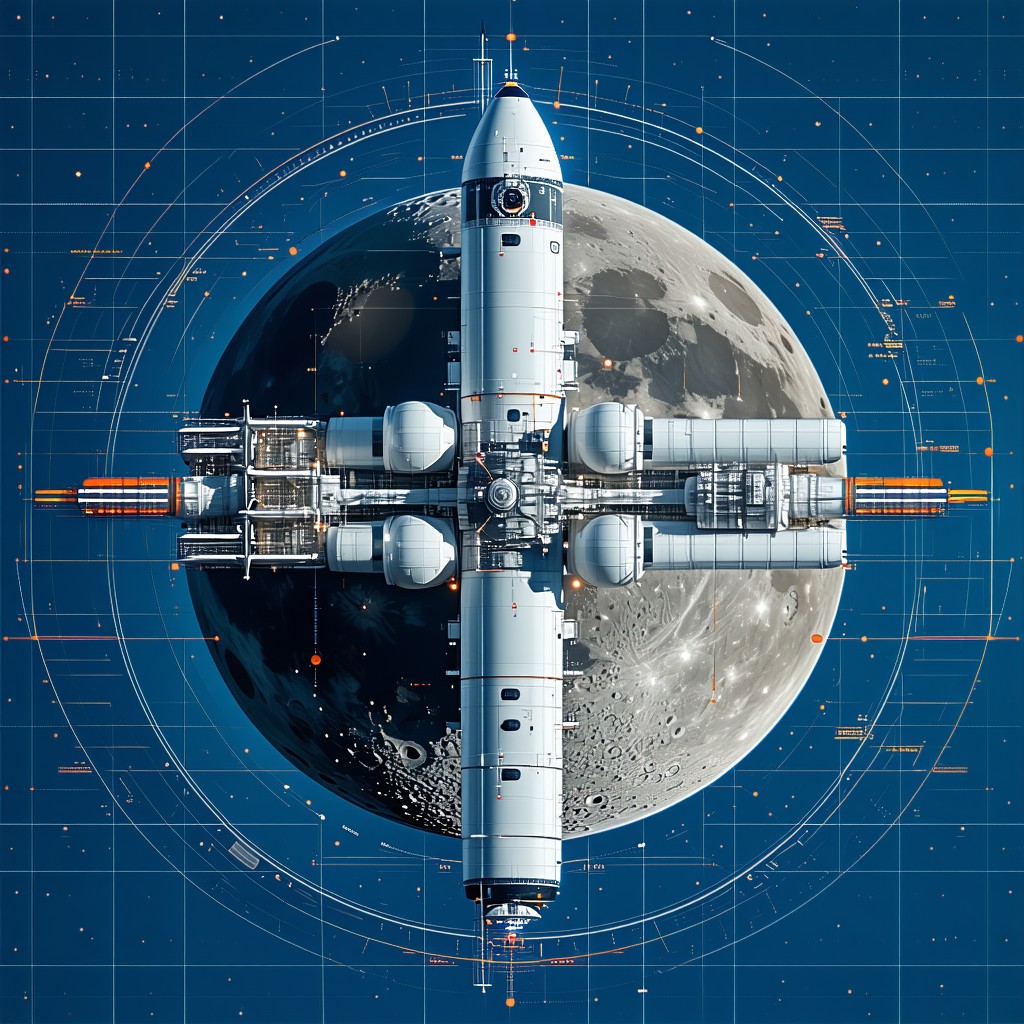 A Spacecraft Is Shown In A Drawing, With A Moon And A Space Station In The Background