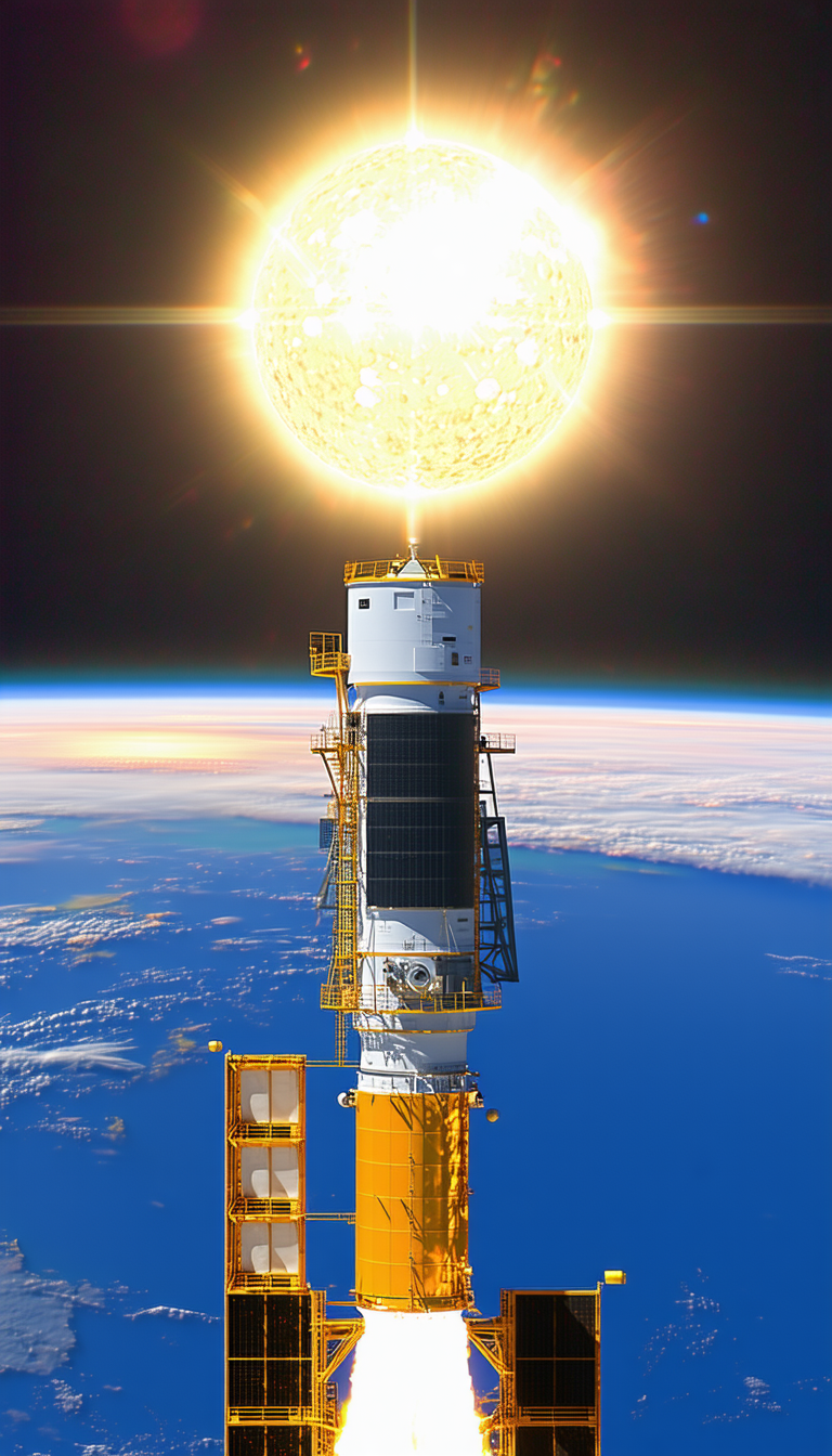 A Large Satellite Dish On Top Of A Tower, With A Sun Shining Brightly In The Sky