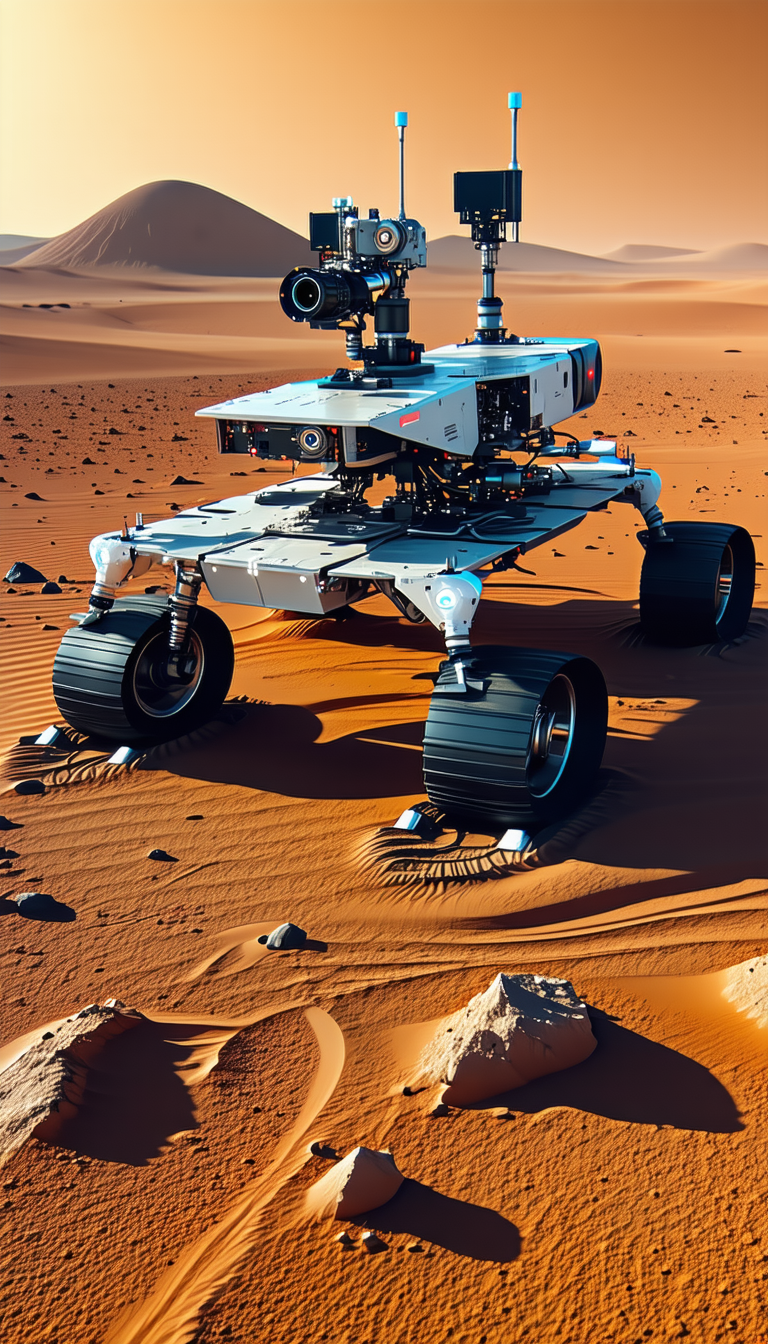 A Large Robotic Vehicle, Possibly A Rover, Sitting On A Sandy Surface