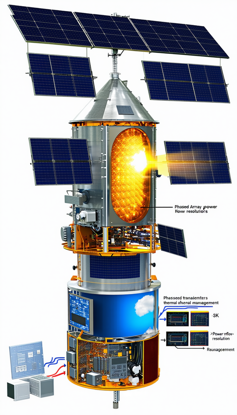 A Large, Silver Satellite With A Blue And Orange Dome On Top