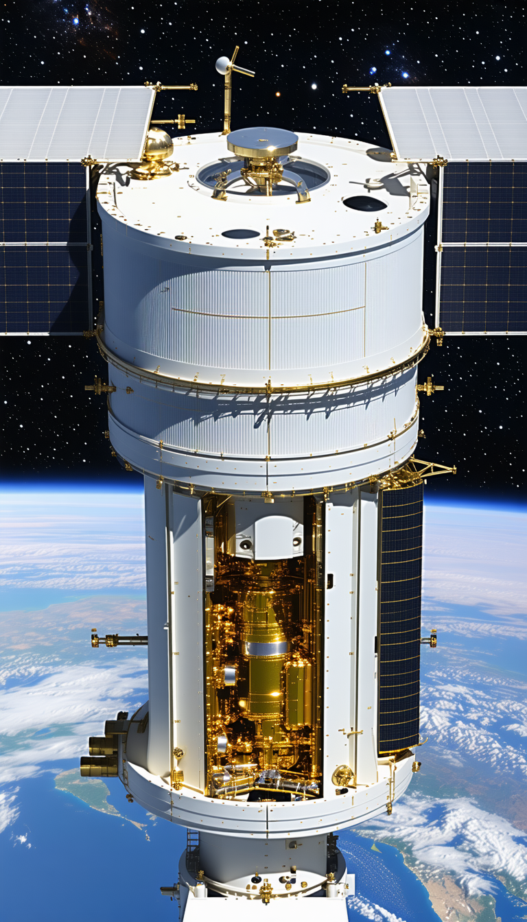 A Large White Spacecraft With A Gold Dome On Top, Floating In The Sky