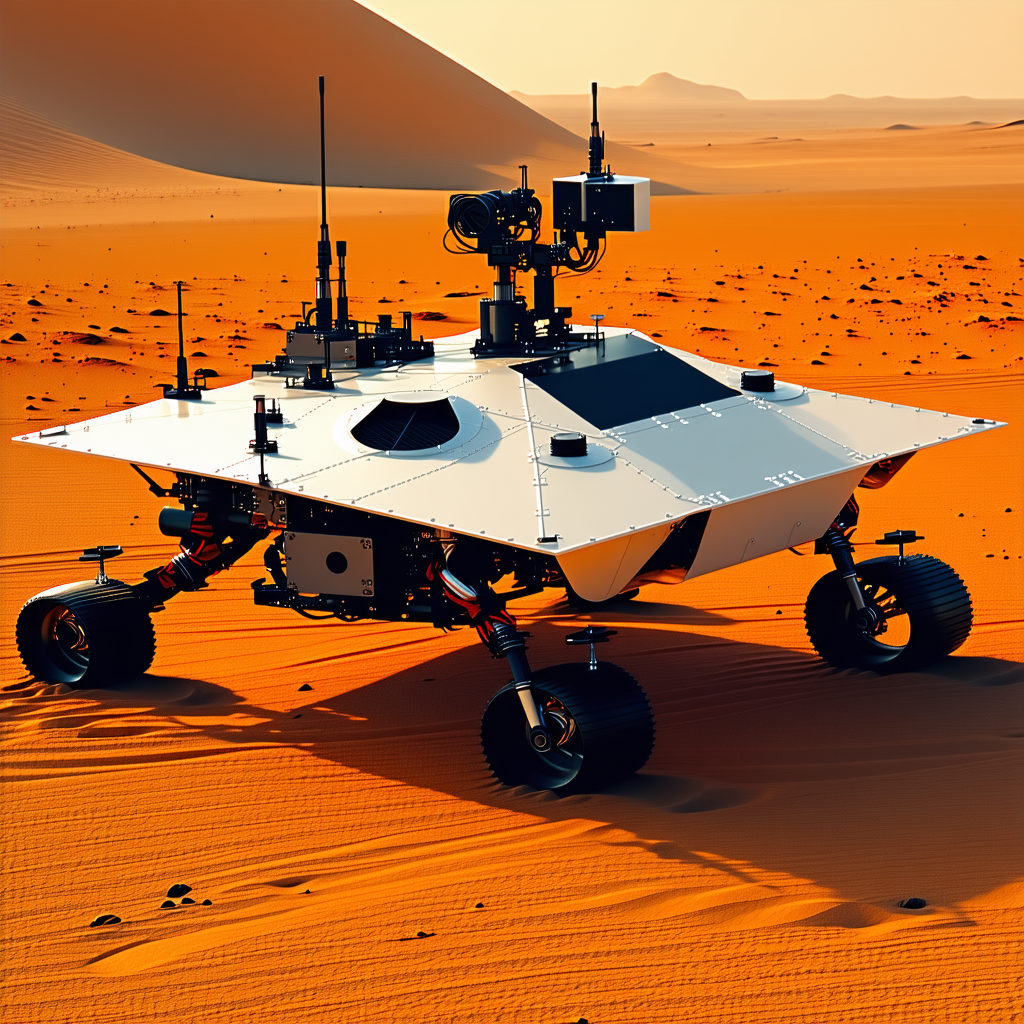 A White And Black Robotic Vehicle, Possibly A Tank Or A Rover, Driving Across A Sandy Terrain