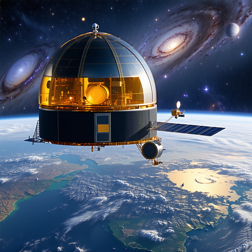 A Spacecraft With A Large Dome On Top, Flying Through The Sky
