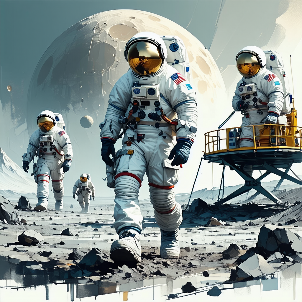 In The Image, There Are Three Astronauts Walking On A Rocky Surface, Possibly On The Moon