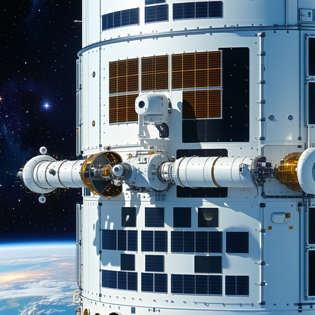 A Large Spacecraft With A White And Black Color Scheme