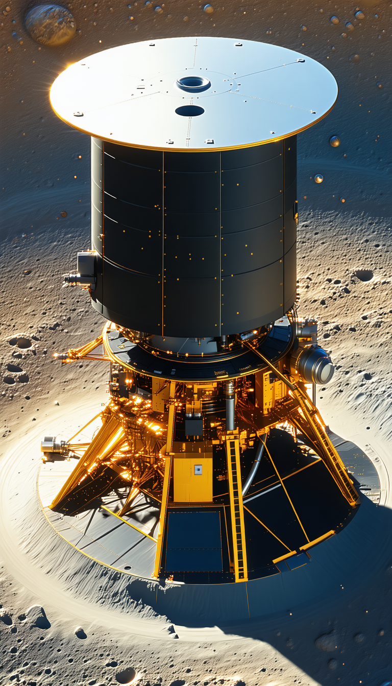 A Large, Yellow Spacecraft With A Black Top, Sitting On A Rocky Surface