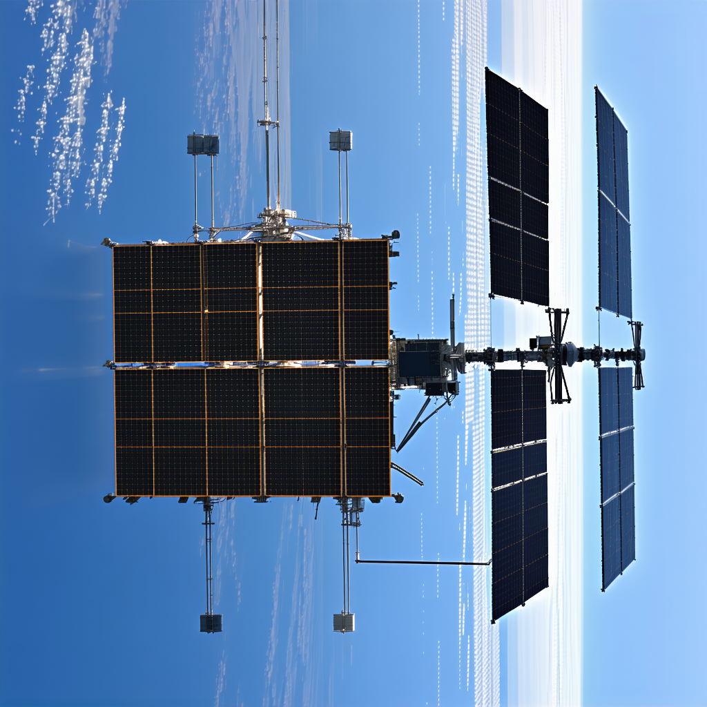 A Large Satellite With A Solar Panel On Top, Floating In The Sky