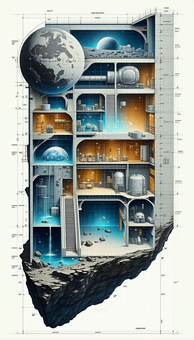 A Large, Futuristic Building Is Depicted In A Drawing, With A Variety Of Rooms And Spaces