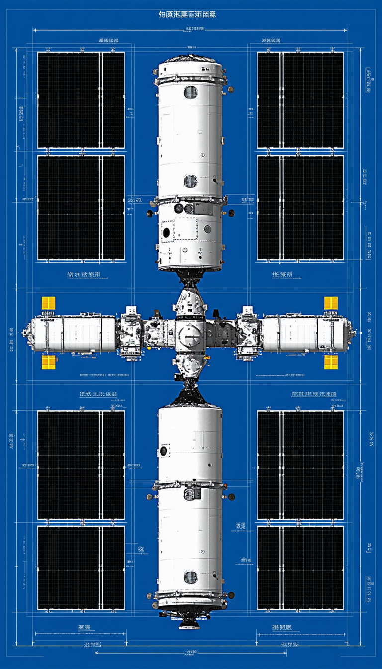 A Large Spacecraft Is Shown In A Blue Drawing, With A Cross-section View Of The Spacecraft