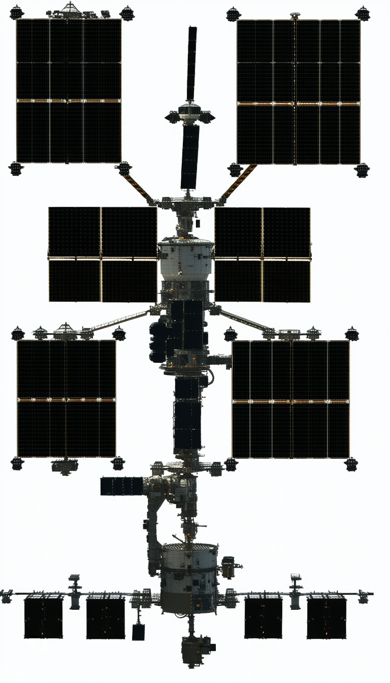 In The Image, There Is A Large Spacecraft With A Complex Network Of Solar Panels On Its Exterior