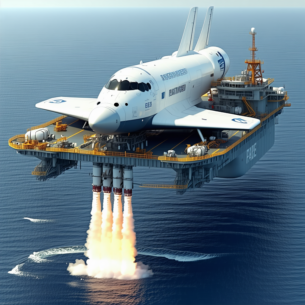 A Large White Space Shuttle On A Platform In The Ocean