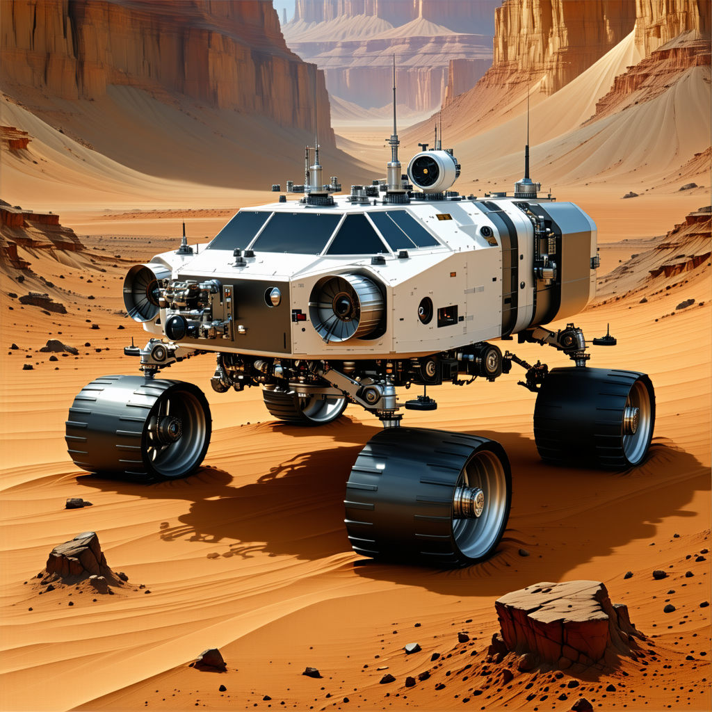 A Futuristic Vehicle, Possibly A Spacecraft Or A Rover, Parked On A Rocky Terrain
