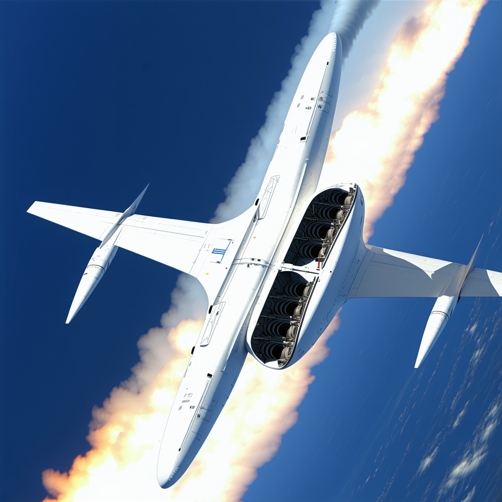 A Large White Jetliner Is Flying Through The Sky, Leaving A Trail Of Smoke Behind It