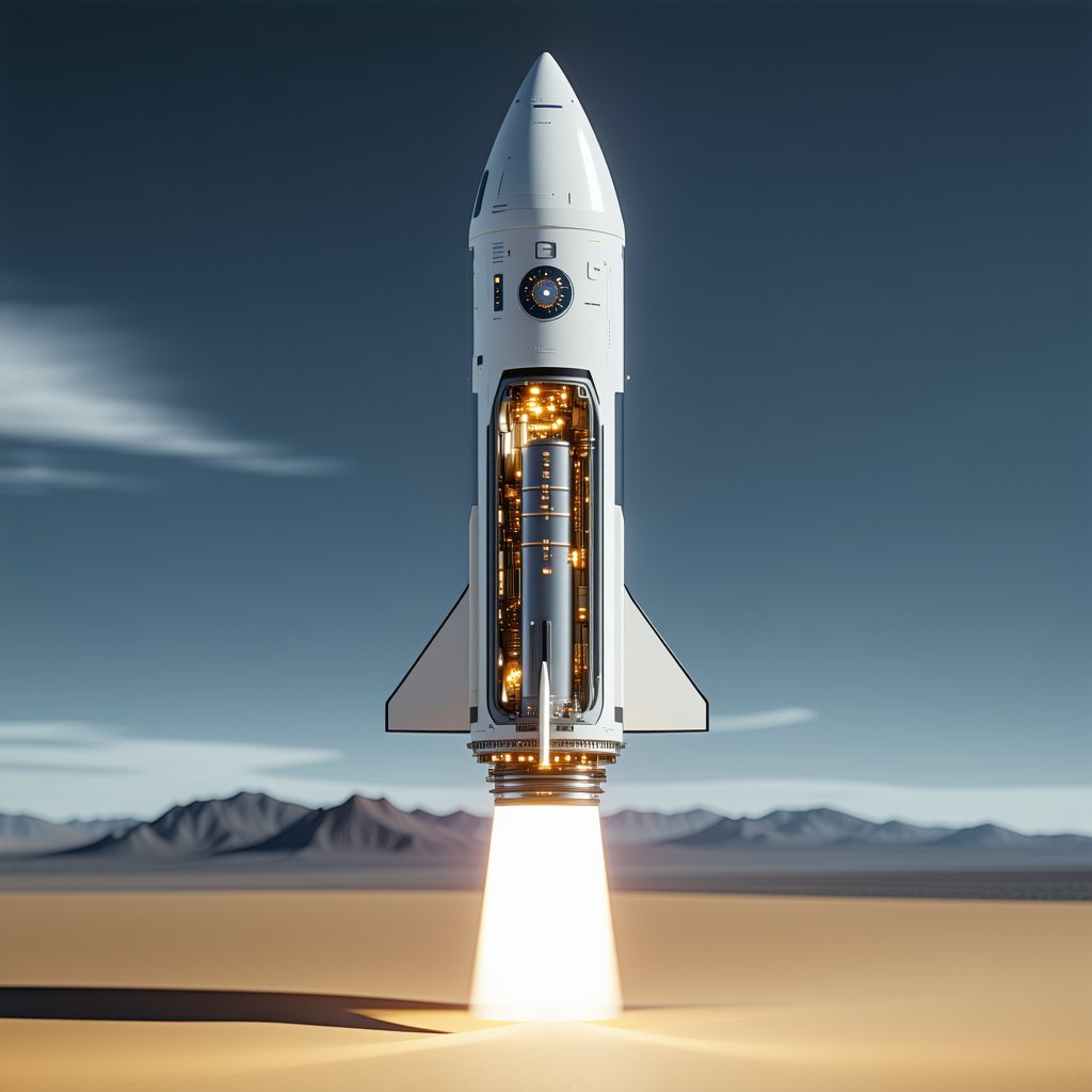 A Rocket Ship Taking Off From A Desert-like Terrain