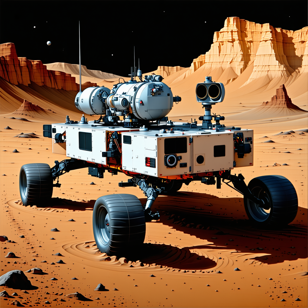 A White Robotic Vehicle Is Parked On A Red Dirt Surface, Possibly On Mars