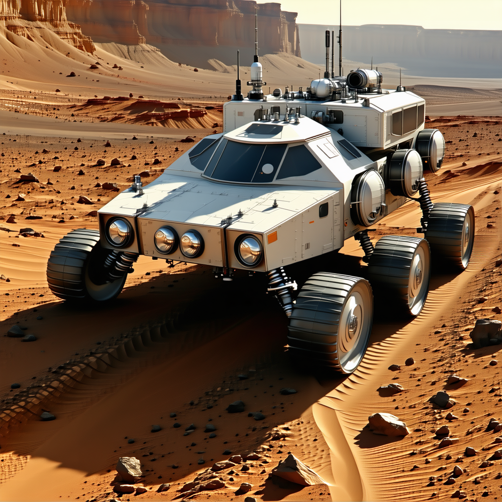 A Futuristic Vehicle, Possibly A Spacecraft Or A Rover, Driving Across A Desert-like Terrain