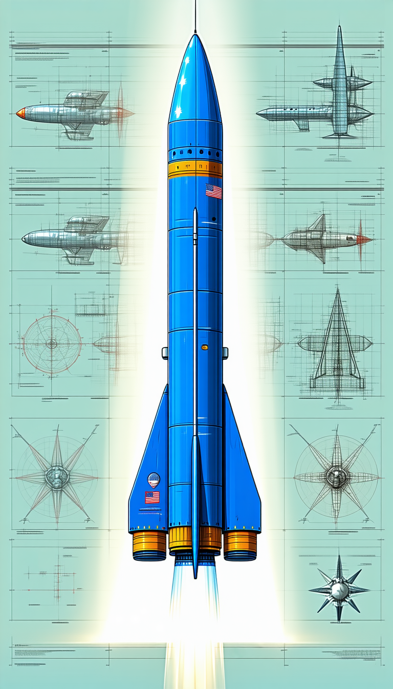A Blue Rocket Ship Is Shown In A Drawing, With A Light Shining On It