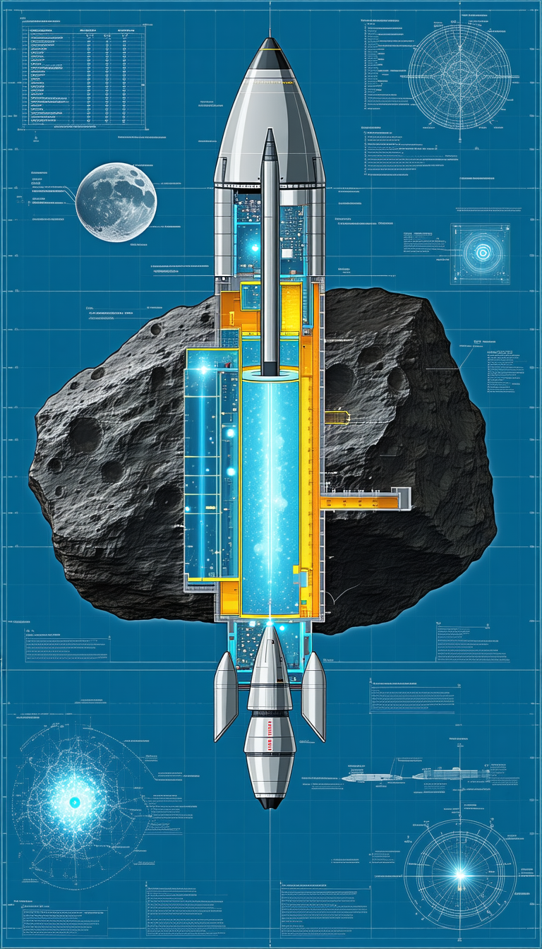 A Space Shuttle Is Shown In A Blue And White Drawing, With A Large Rock In The Foreground