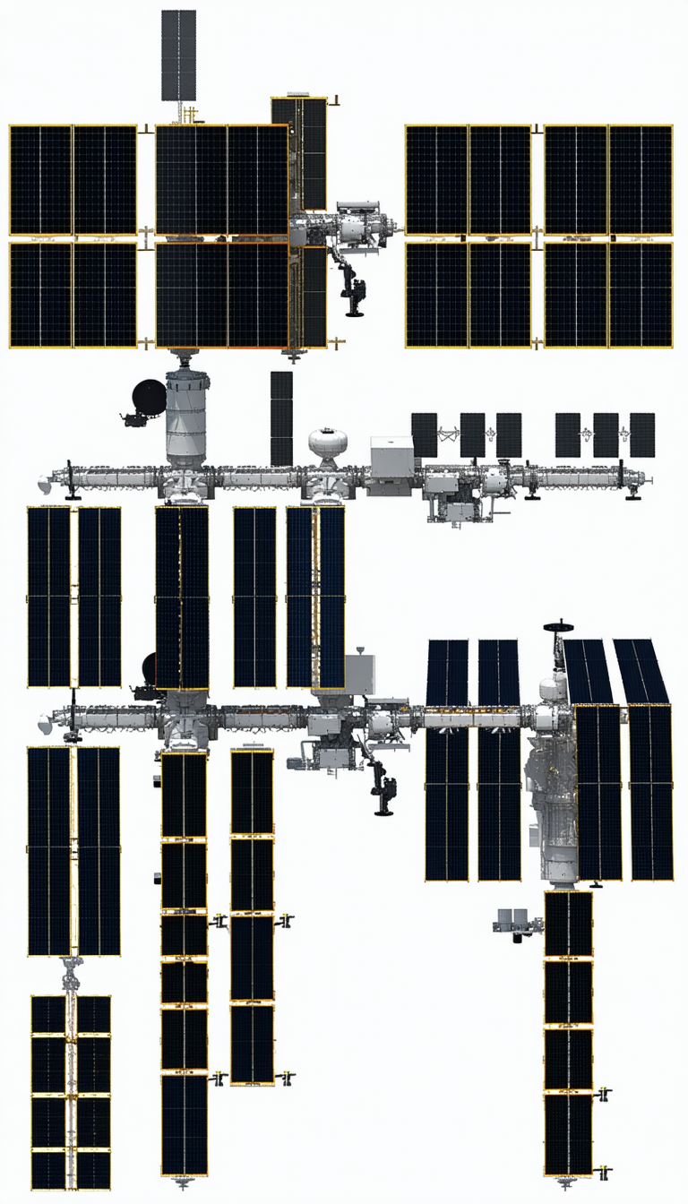 The Image Is A Detailed Illustration Of A Space Station, Showcasing Its Various Components